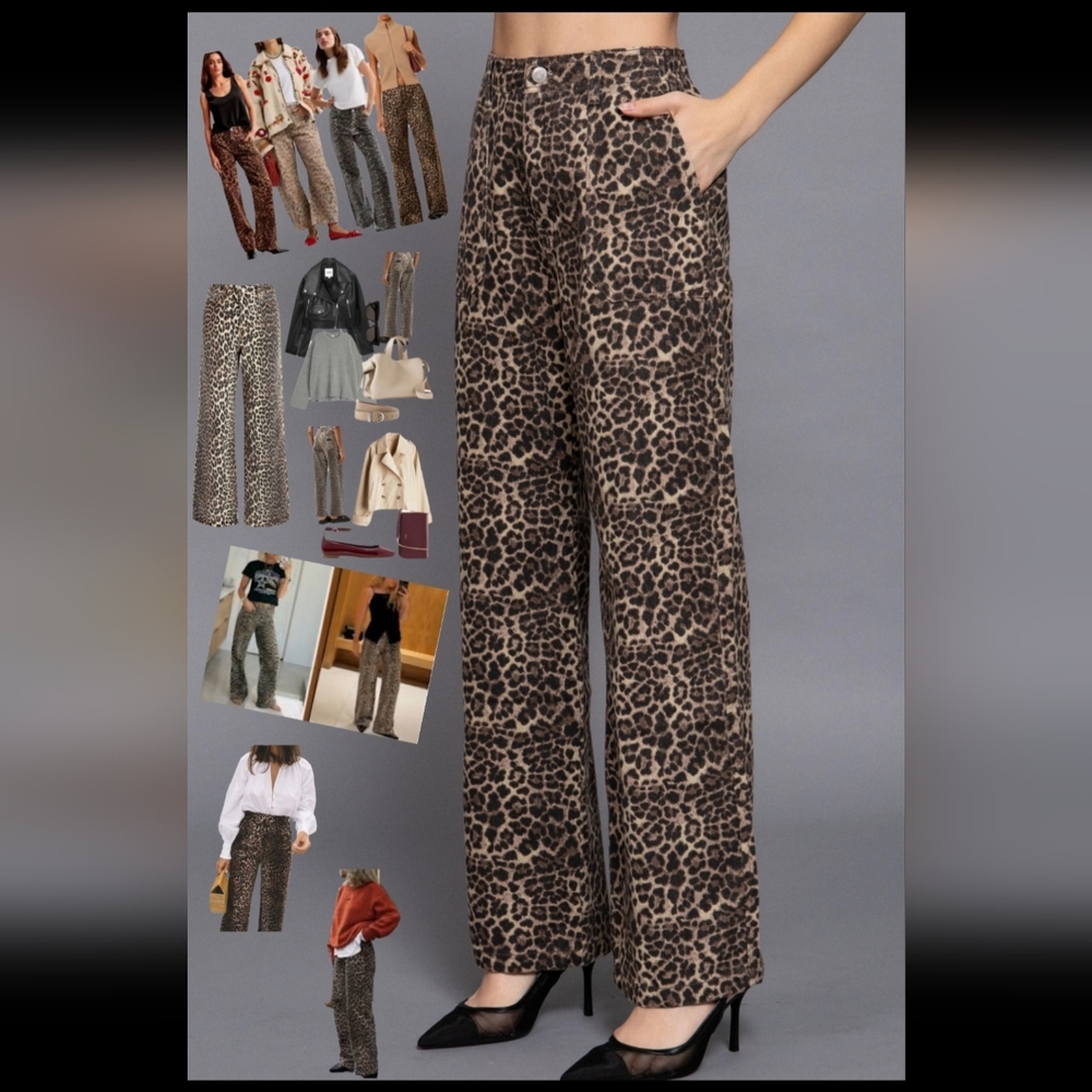 #659 🛑39 S,M,L Fabulous Leopard Print  Animal Print Cotton Twill Wide-Leg Pants